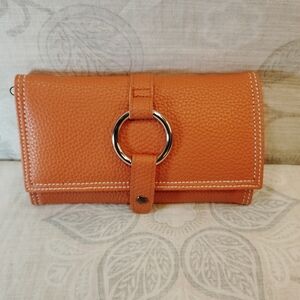Elegant Orange Leather Wallet with Silver Ring
